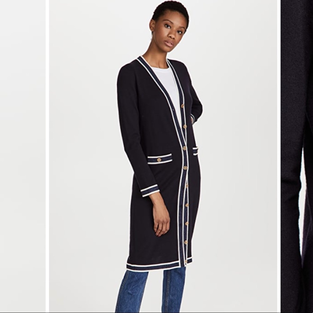 Tory Burch Long Navy Cardigan with White Trim